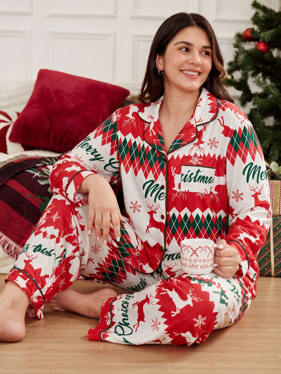 Doze Lane Christmas Red & White Reindeer Print Plus Size Women Long Sleeve Long Pants Ruffle Collar Casual Pajama Set - Red and White - View 1