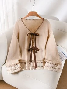 CosyJoli Plus Size Elegant French Casual Houndstooth Patchwork Woven & Knit Contrast Color Bow Cardigan Autumn/Winter Jacket For Women - Apricot - View 2