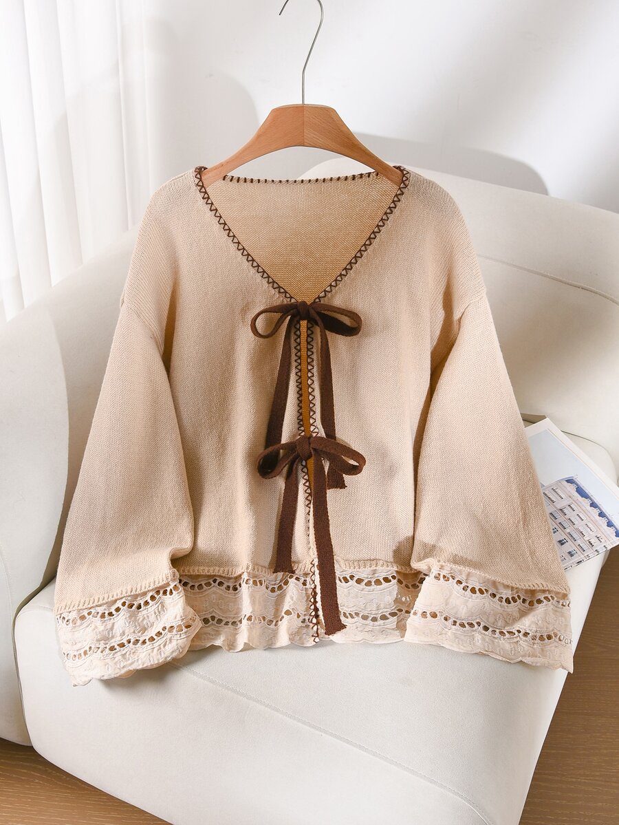CosyJoli Plus Size Elegant French Casual Houndstooth Patchwork Woven & Knit Contrast Color Bow Cardigan Autumn/Winter Jacket For Women