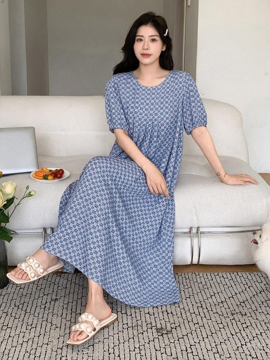 DAZY Ladies' Allover Print, Lightweight, Breathable Short-Sleeved Nightgown Pajama, Moo Moo Red Women Dresses - Blue - View 1