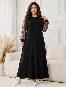 Seusyu Plus Size Women's Black Knit Textured Striped Long Sleeve Digital Print A-Line Elegant Romantic Dress - Multicolor - View 3