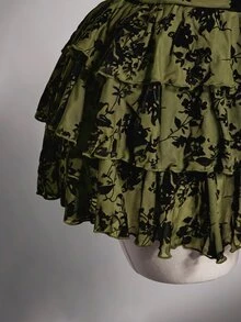 SHEIN ICON 女款大尺碼復古性感休閒千禧風Y2K優雅哥德約會深V領掛脖黑色網紗植絨蛋糕裙冬季 - 軍綠色 - 查看 7