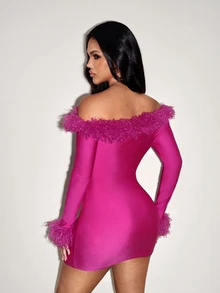 BamGleam Women's Plush Patchwork Cold Shoulder Short Dress Pink Fall Dresses Elegant Sexy Elegant Party Club Night Festival New Year Graduation Party Birthday - Hot Pink - View 2