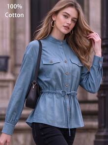 Cévolie French Commuter Style Stand Collar Double Pocket Shirt Women Drawstring Waist Loose Long Sleeve - Blue - View 4