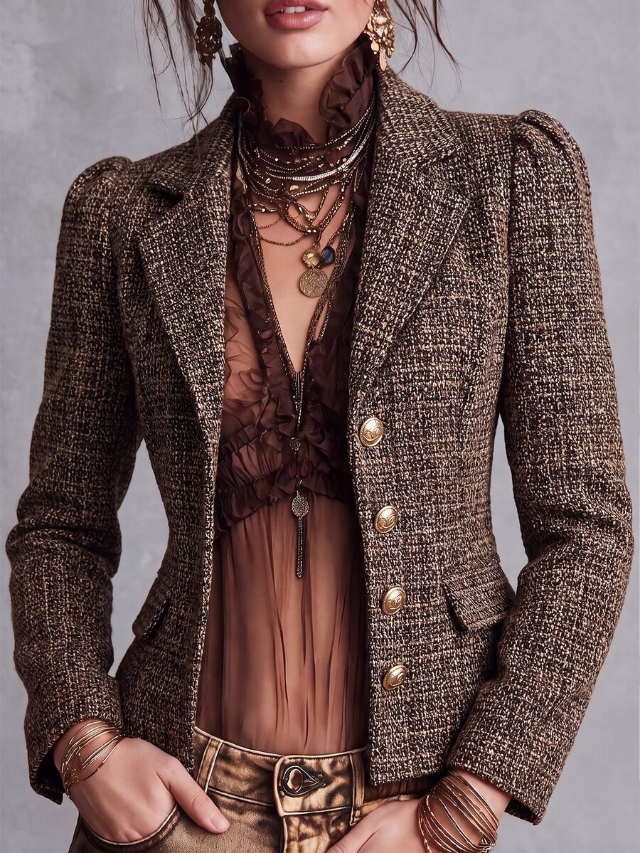 LUMIGAL Women's Vintage Elegant Fashion Versatile Single-Breasted Slim Fit Flattering Short Wool Blend Jacket For Commuting - Coffee Brown - View 1