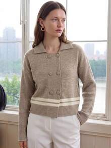 Dazy-Less Women's Autumn/Winter Coffee Brown Round Neck Button Cable Knit Long Sleeve Slim Fit Ribbed Cardigan - Coffee Brown - View 3