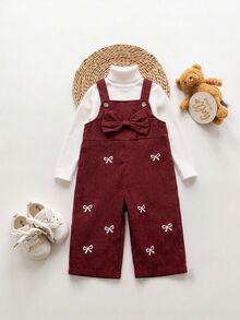 Baby Girl Casual Jumpsuit With Suspenders, Buttons And Bowknot Decoration - Red - View 7
