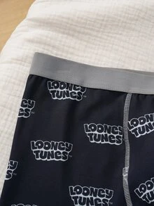 LOONEY TUNES X SHEIN سروال داخلي رجالي بنمط رسوم كرتونية وحروف، مريح وعصري وكاجوال - الأسود - مشاهدة 4