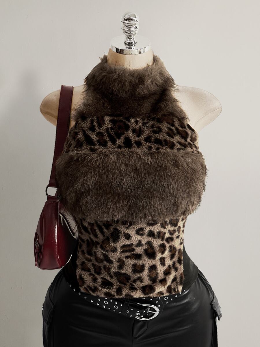 SHEIN ICON Women's Plus Size Leopard Print Patchwork Faux Fur Halter Top - Brown - View 1