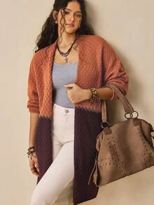 Nubod Plus Size Deep & Light Glitter Contrast Design Long Sleeve Cardigan Knit Sweater Casual Vintage Comfortable - Multicolor - View 4