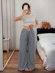 Napfluff Women's Woven Bubble Crinkle Striped Casual Lounge Pants - Blue - View 5