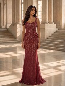 Coutiva Women's Evening Dress Lace Spaghetti Strap Floor Length Gown Suitable For Wedding, Party, Gift, Holiday, Date, Formal Dinner, Afternoon Tea - Red - View 6