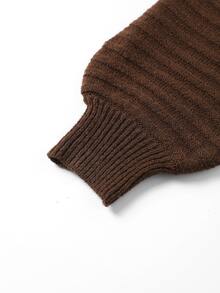 Nubod Plus Size High Neck Lantern Sleeve Ribbed Long Sleeve Sweater & Vertical Stripe Skirt 2 Pieces Set, Autumn/Winter - Brown - View 4