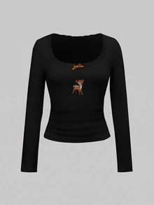 ROMWE J-Fashion 可愛鹿圖案刺繡蕾絲上衣搭配鹿圖案喇叭褲，秋冬款 - 黑色 - 查看 9