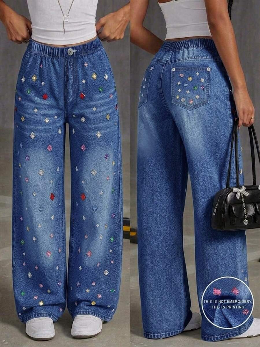 SHEIN 青少年女孩彈性腰休閒日常牛仔效果長褲 - 藍色 - 查看 1
