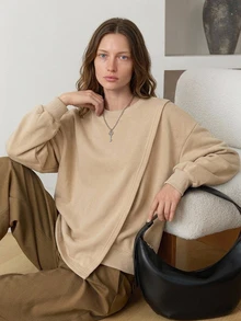 Dazy-Less Sweatshirt Lengan Panjang Wanita Warna Polos Kasual Serbaguna untuk Sehari-hari - Khaki - View 5