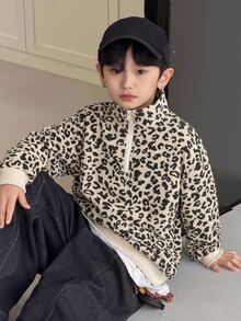 Dazy Kids 青少年男孩休閒寬鬆豹紋 Polo 領運動衫，秋季 - 杏色 - 查看 1