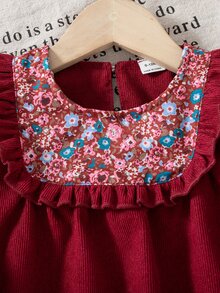 Infant & Baby GirlFloral Patchwork Frill Trim Corduroy Long Sleeve Dress, Burgundy A-Line Princess Dress - Burgundy - View 5