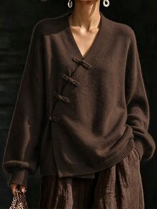 LUMIGAL New Chinese Style V-Neck Asymmetrical Collar With Frog Buttons, Dropped Shoulder Loose Lantern Long Sleeve Ribbed Hem Cardigan Sweater For Women, Autumn - Coffee Brown - View 8