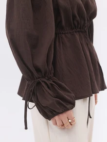 KÆRIA Hus Drawstring Waist Blouse - Fluid Textured Lyocell - Chocolate - Transeasonal, Tie-Neck, Full Sleeves - Brown - View 6