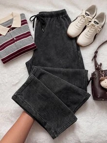 Comfortcana Plus Size Vintage Cargo Style Style Loose Washed Drawstring Black Casual Sports Pants, Suitable For All Seasons, Perfect For Birthday Parties, Vacations And Autumn Outfits - Black - View 7