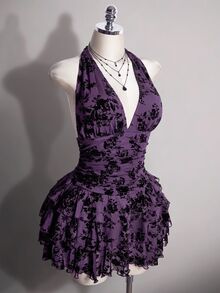 SHEIN ICON 女款大尺碼復古性感休閒千禧風Y2K優雅哥德約會深V領掛脖黑色網紗植絨蛋糕裙冬季 - 紫色 - 查看 5