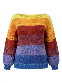 Sweetra CURVE Plus Size Women's Colorblock Round Neck Long Sleeve Casual Versatile Daily Wear Sweater - Multicolor - View 3