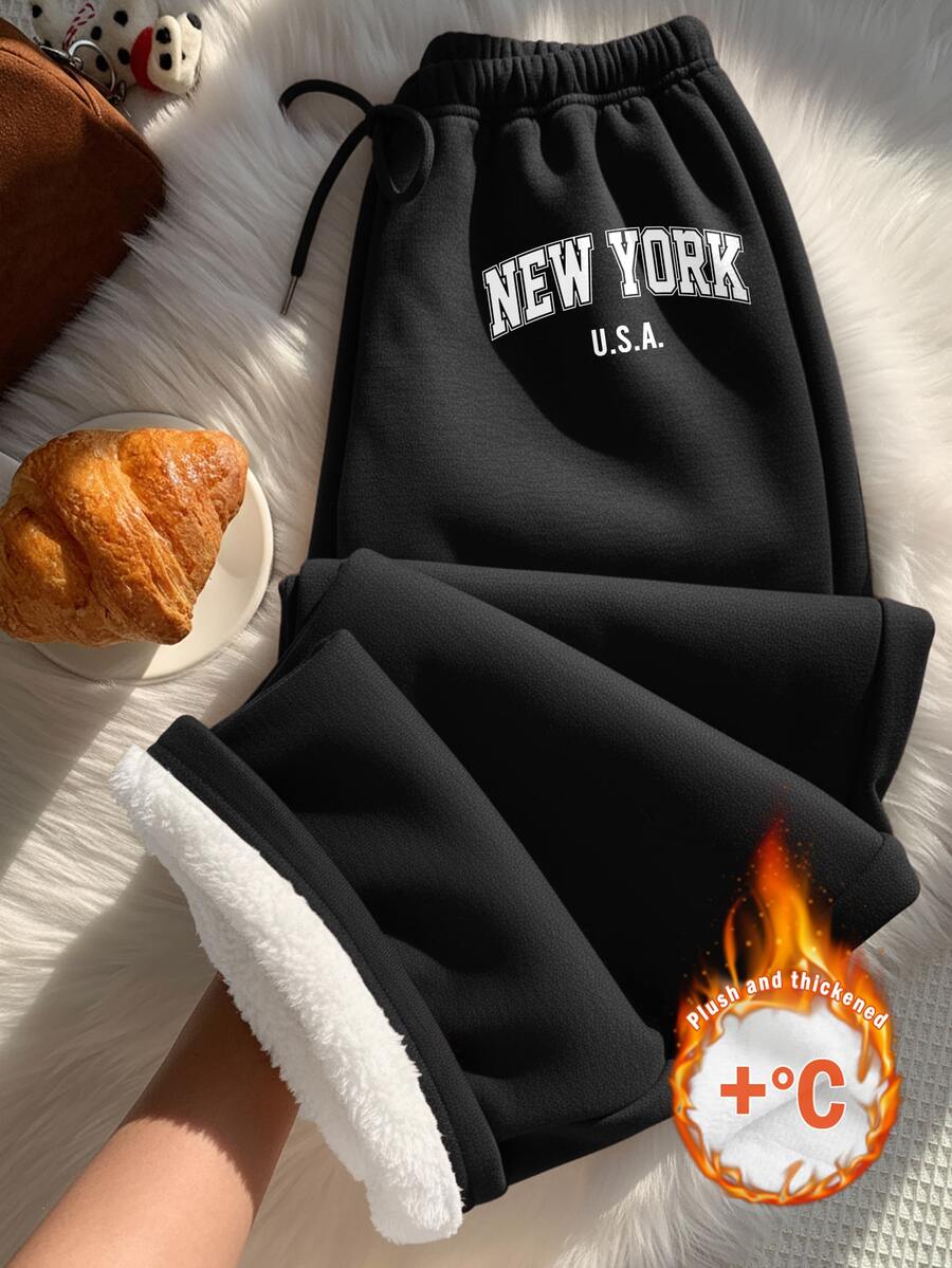 SHEIN EZwear 女款休閒低腰寬腿運動長褲,保暖內裡運動長褲,女款秋冬服飾 - 黑色 - 查看 1