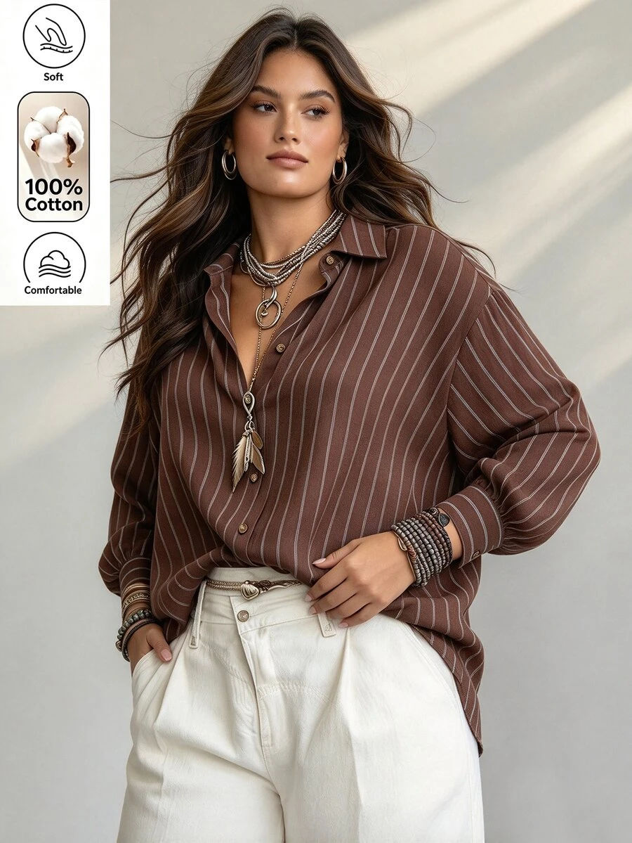 Ceyna Plus Size Brown Striped Cotton Blend Vintage Single-Breasted Button-Down Long Sleeve Shirt, Versatile Outerwear And Inner Layer For Women, Autumn/Winter - Coffee Brown - View 1