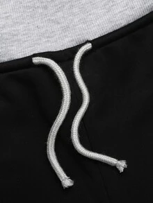 SHEIN 青少年女孩秋冬休閒基礎極簡風羅紋腰鬆寬腿抽繩運動長褲 混色灰 - 黑色 - 查看 5