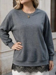 Seusyu Damers ny långärmad sweatshirttopp i plus size med spetspatchwork, lös passform, bekväm och mångsidig för vardagsbruk, höst/vinter - Grå - Visa 6