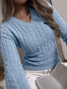 SHEIN EZwear 女款休閒V領長袖針織毛衣，酒紅色，秋季校園開學季騎士圖案日常極簡聖誕上衣，紅色上衣 - 霧霾藍 - 查看 7