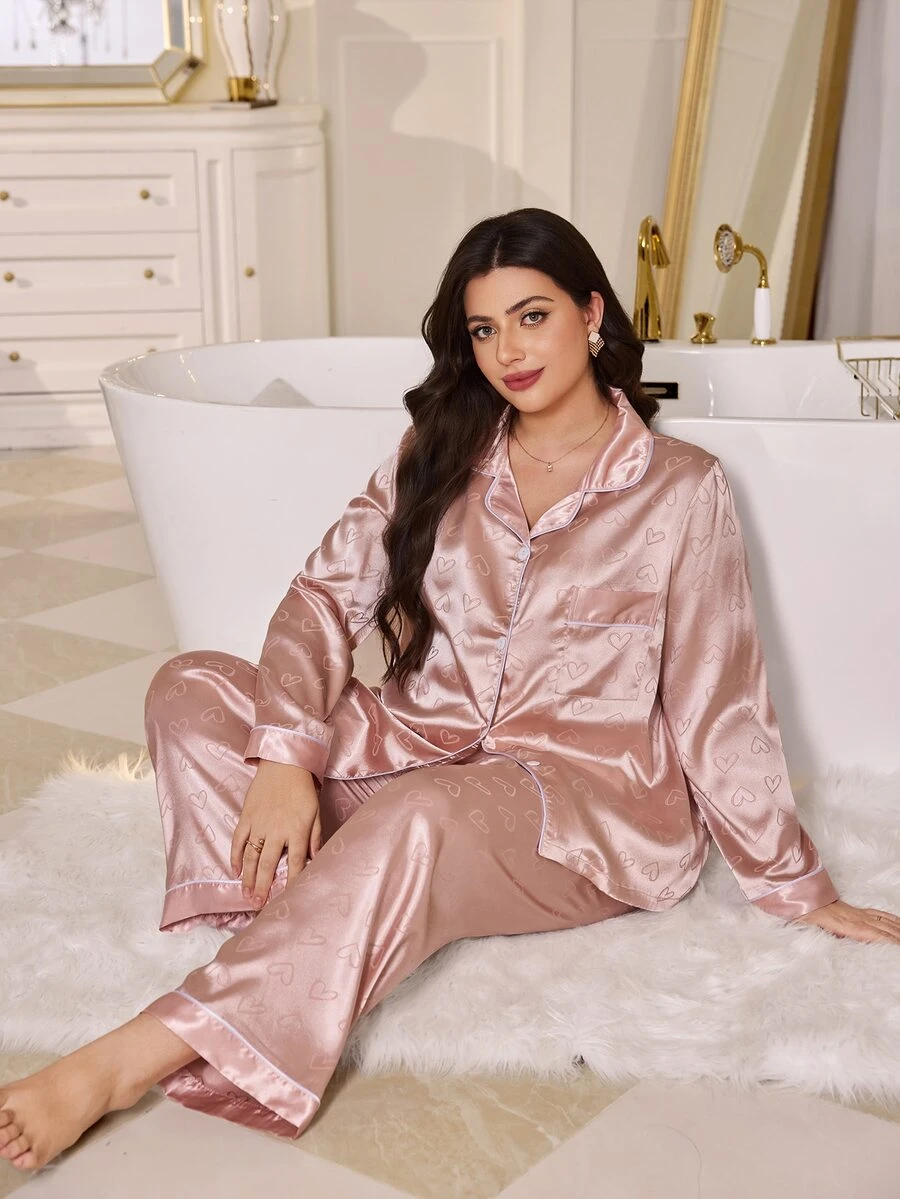 MuseNap CURVE Elegant Plus Size Satin Pink Heart Jacquard Lapel Cardigan Long Sleeve Pants Pajama Set For Women - Baby Pink - View 1