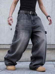 RivetRise Celana Panjang Denim Pria Model Longgar, Gaya Jalanan Urban Renaissance, Fesyen Kasual, Streetwear Kreatif dan Personal. - Dark Grey - View 4