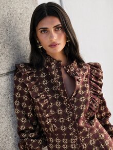 Nöista Geometric Print Ruffle Trim Jumpsuit - Brown - View 7