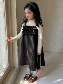 DAZY Young Girl Solid Color Frill Trim Casual Daily Summer Spaghetti Strap Dress - Dark Grey - View 2