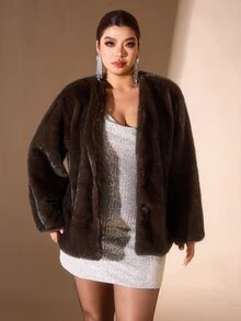 Cravure Plus Size Vintage Elegant Long Sleeve Faux Fur Coat Winter - Coffee Brown - View 4