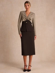 Enchnt Premium Winter Romantic Women's Elegant Brown Color-Blocked Suit Jacket And Skirt Set,Work Outfits,Going Outfits,Formal Outfits,Office Outfit - Brown - View 5