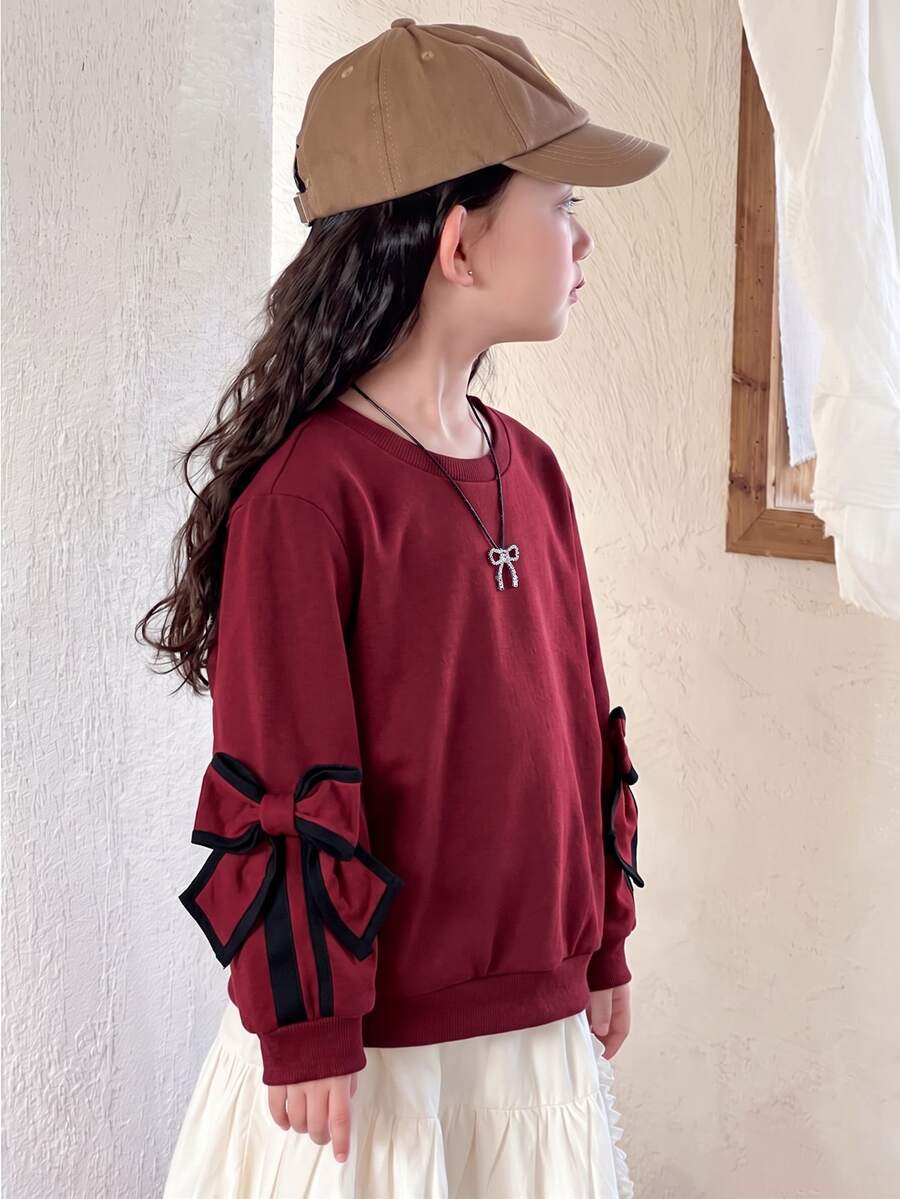SHEIN 女童圓領長袖蝴蝶結裝飾休閒衛衣 - 紅色 - 查看 1