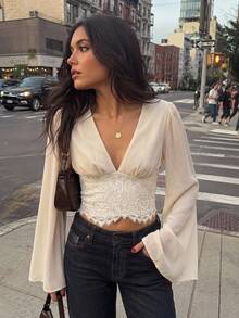 Serisse Women's Lace Deep V-Neck Bell Sleeve Blouse - Beige - View 6