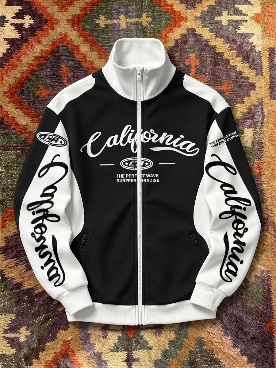 Aesthetic Post Men's Polyester Zip-Up Track Jacket With Stand Collar, California Letter Graphic And Color Block Design For Streetwear - Multicolor - View 1