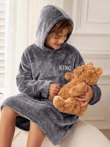 SHEIN 大童男孩秋冬款精緻Logo圖案 KING Little King 標誌圖案連帽長袖袋鼠口袋抓絨長款睡褲 - 灰色 - 查看 3