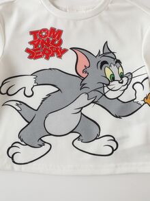 TOM & JERRY X SHEIN 女嬰卡通圖案短袖圓領T恤與條紋短褲2件套 - 紅色 - 查看 4