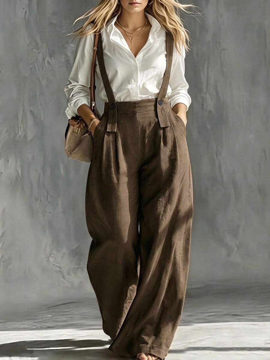 Linhara CURVE Plus Size Women Solid Color Casual Daily Jumpsuit - Brown - View 1