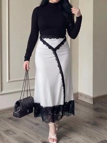 Lacomfia Rok Wanita Slim Fit Model Duyung dengan Desain Patchwork Renda, Serbaguna, Elegan, Warna Putih untuk Musim Gugur, Ukuran Plus - MultiWarna - View 6