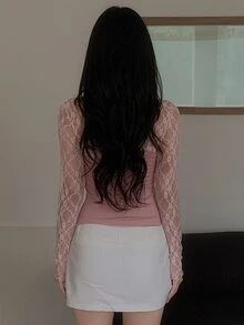 DAZY Patchwork Contrast Color Lace Fitted Halter Neck Elegant Sexy Vacation Korean Style Spring Autumn Women's T-Shirt - Pink - View 9