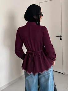 Feyla Women's Floral Embroidered Pattern Casual Daily Wear Shirt - Burgundy - View 2