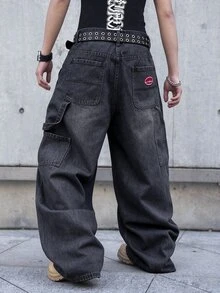 RivetRise Celana Panjang Denim Pria Model Longgar, Gaya Jalanan Urban Renaissance, Fesyen Kasual, Streetwear Kreatif dan Personal. - Dark Grey - View 2