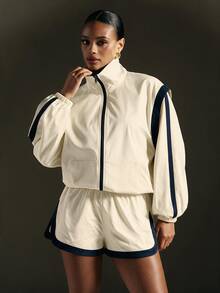 Hauture Women's Navy Blue Contrast Striped Stand Collar Sports Jacket , Casual American Retro Loose Zipper Jacket - White - View 3