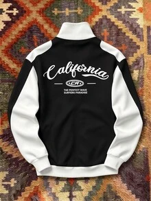 Aesthetic Post Men's Polyester Zip-Up Track Jacket With Stand Collar, California Letter Graphic And Color Block Design For Streetwear - Multicolor - View 2